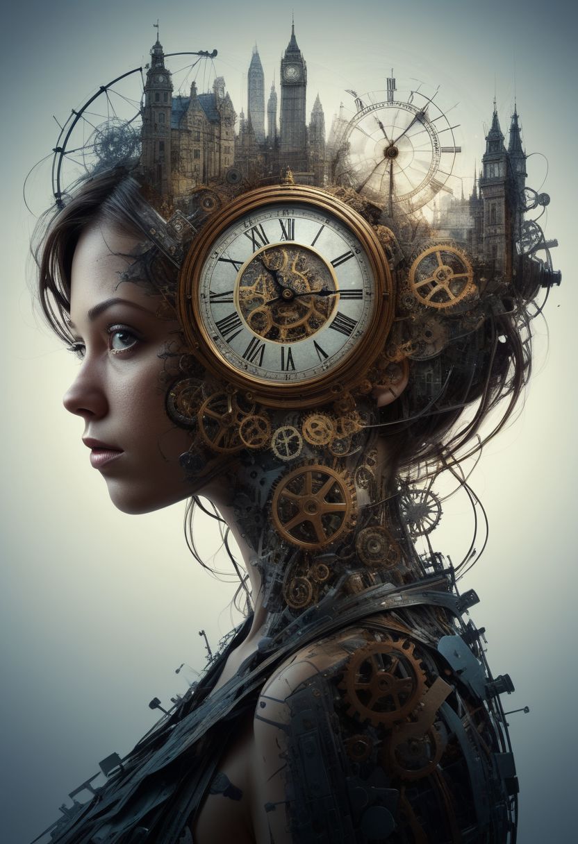 mysterious silhouette of a time-travelling woman, time lapse, past behind, future in front, inside of a clock, gears, goddess, alluring, by Minjae Lee, Carne Griffiths, Emily Kell, Steve McCurry, Geoffroy Thoorens, Aaron Horkey, Jordan Grimmer, Greg Rutkowski, amazing depth, double exposure, surreal, geometric patterns, intricately detailed, bokeh,  perfect balanced, deep fine borders, artistic photorealism , smooth,  great masterwork by head of prompt engineering   <lora:add-detail-xl:2>  <lora:Double_Exposure:0.5>