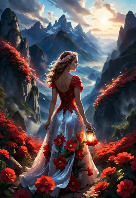 butifl girl, the scarlet flower glows, mountains, magical light,