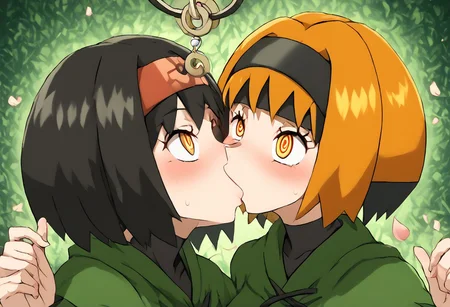 Gardenia and Erika being hypnotized while kissing,
score_9, source_anime, lewd, 2girls,
mind control, hypnotized, spiral eyes, glowing eyes, pendulum, looking at pendulum,
kissing, looking up, eyes wide open, kissing each other
BREAK
pokemongardenia, black hair, bob cut, multicolored hair, orange eyes, orange hair, petals, short hair, two-tone hair, green capelet,
BREAK
pokemonerika, yellow eyes, black hair, headband, short hair, kimono,
