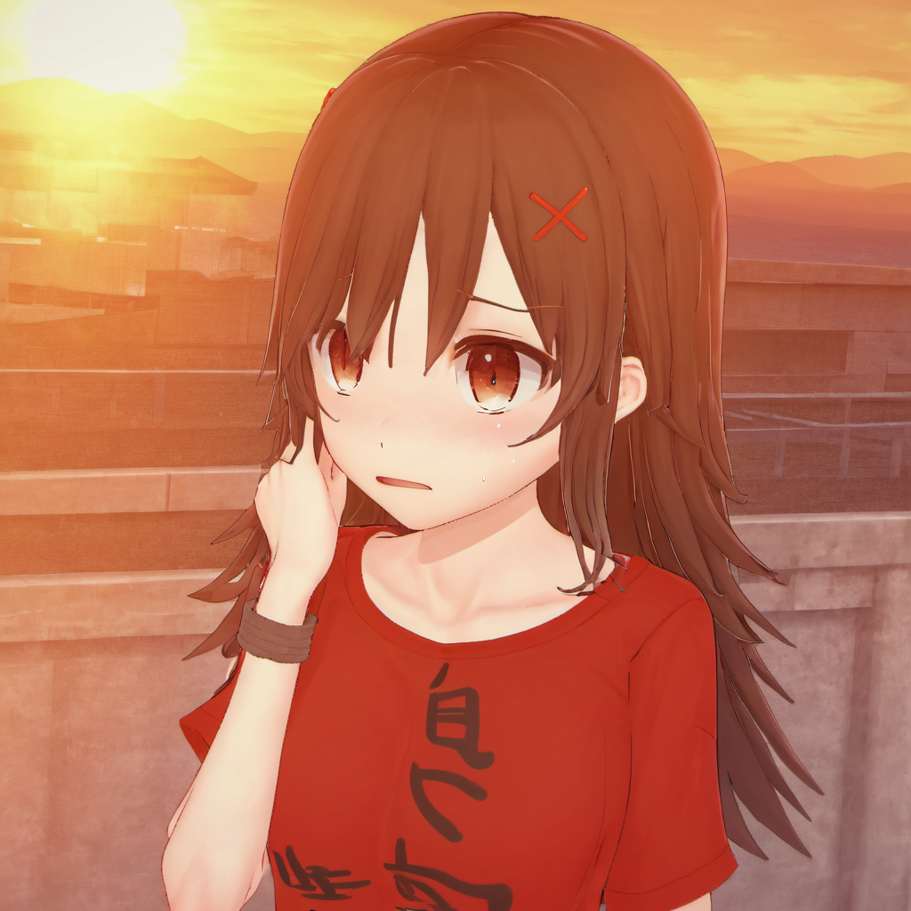 1girl, solo, hair ornament, shirt, tears, red t-shirt, long hair, brown eyes, brown hair, looking at viewer, hairclip, blush, flushed, x hair ornament, clothes writing, upper body, short sleeves, cuffs, hand covering mouth, sunset, <lora:Yumi_Yamaguchi:1>
