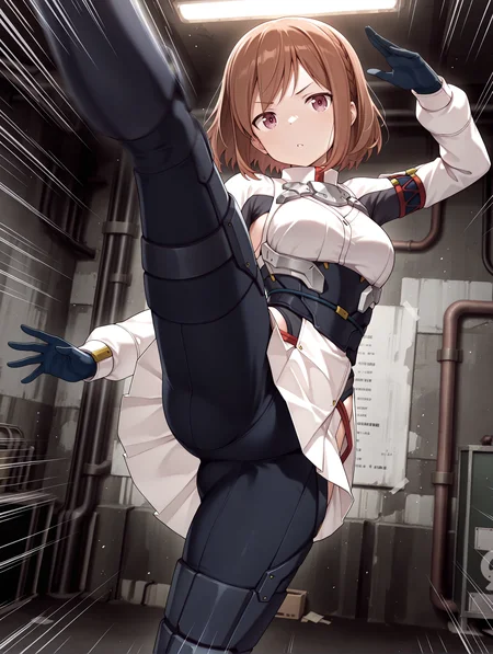 masterpiece,best quality,newest,
1girl,solo,
<lora:shiina_ilxl_v2.7:1>,shiina,short hair,brown hair,purple eyes,
futumushi,gloves,armor,white skirt,hip vent,black footwear,
<lora:Fixhands_anime_bdsqlsz_V1:1>,looking at viewer,(motion_blur:1.3),(motion line:1.2),(speed_lines:1.1),fighting_stance,standing,aura effect,high_kick,<lora:warehouse02_ilxl_v1:1>,w_h,indoors,industrial pipe,sign,wall,high ceiling,