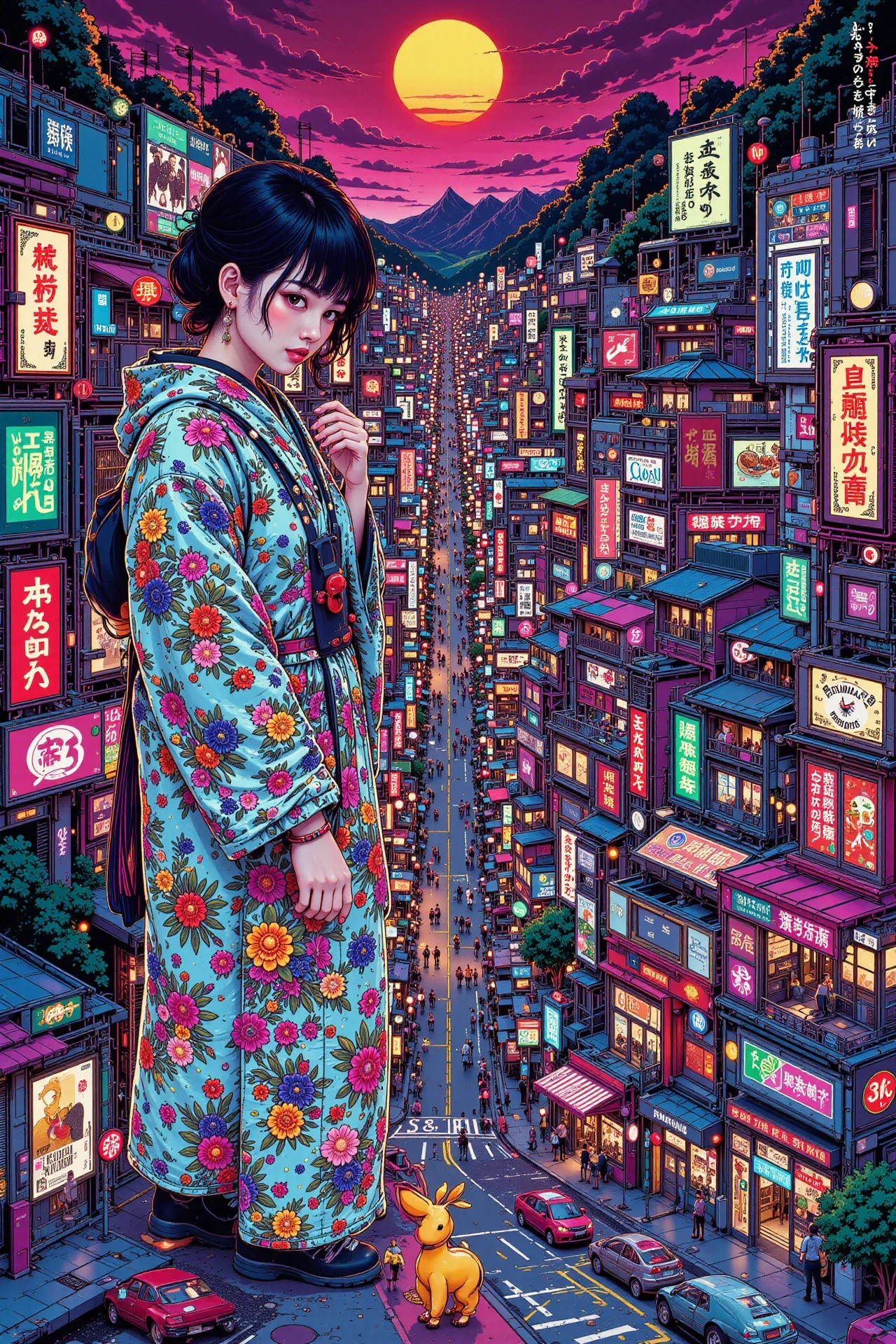 japanese city, morning, woman, very intricate, very detailed, sharp, bright, colorful, <lora:Hand v2:0.5> <lora:Anti-Blur:1><lora:Insane Detail Slider:0.25>  <lora:flux.1_lora_flyway_Epic-detail_v2:0.3> <lora:fluxenhancer:0.25><lora:ck-Neon-Retrowave:0.4> ck-rw, in the style of ck-rw,  <lora:Neurocore Anime Cyberpunk:0.8> A digital artwork in the style of cknc