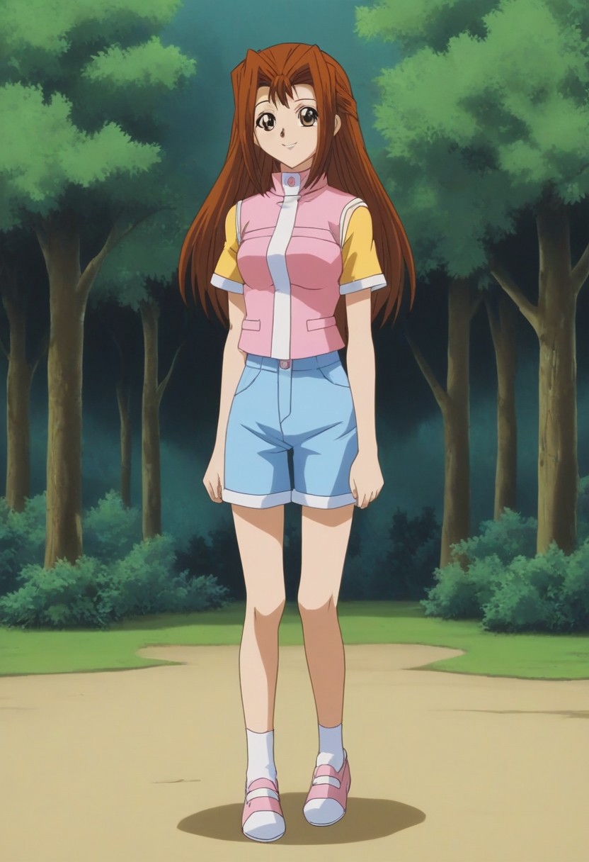 Score_9_up, Score_8_up, Score_7_up, easynegative, ng_deepnegative_v1_75t,
outdoors, hand_on_hip, (standing:1.4) smiling, trees, gate
Serenity Wheeler, 1girl, solo, brown hair, long hair, brown eyes, yellow shirt, pink vest, blue shorts, white socks, white shoes,
