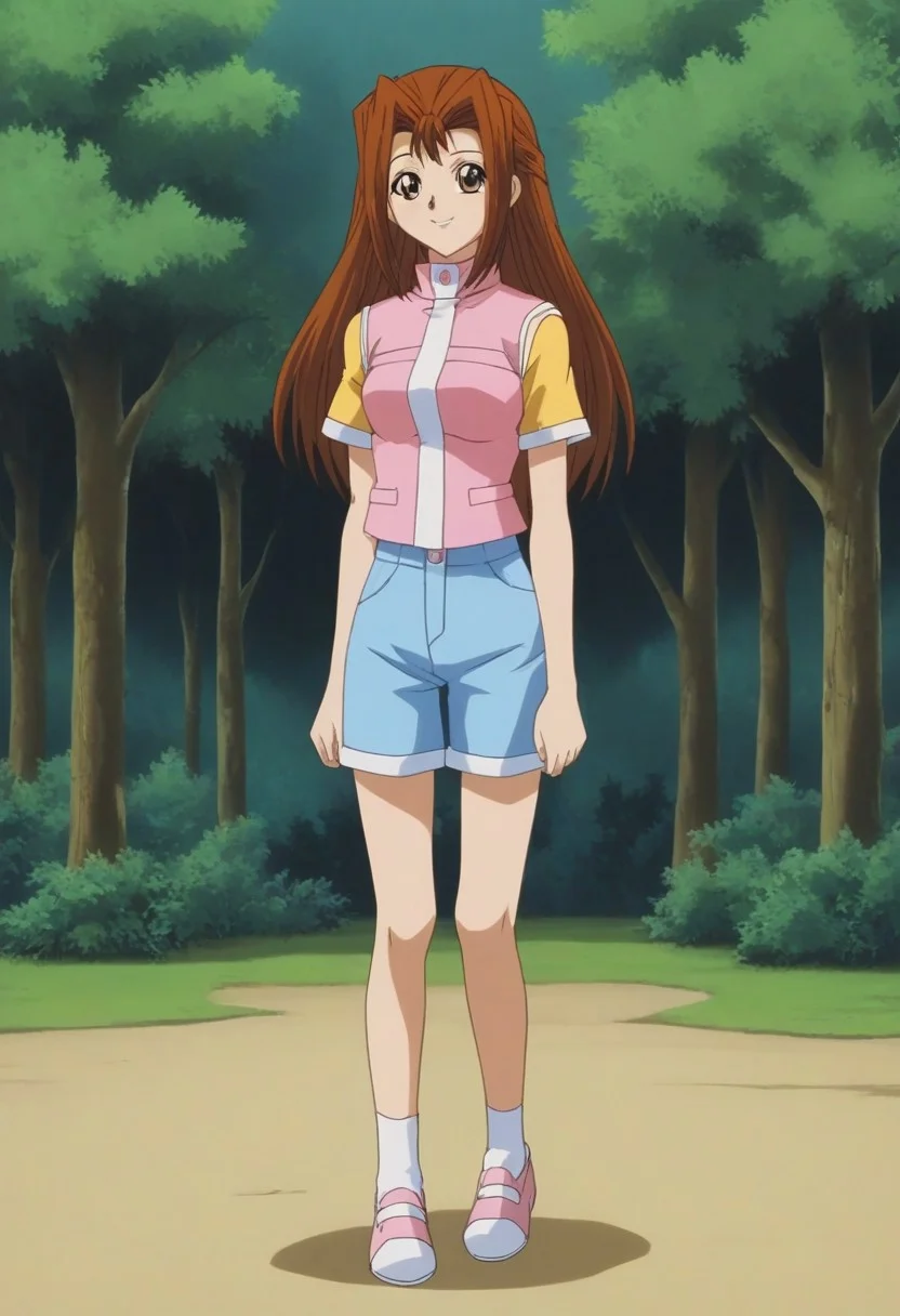 Score_9_up, Score_8_up, Score_7_up, easynegative, ng_deepnegative_v1_75t,
outdoors, hand_on_hip, (standing:1.4) smiling, trees, gate
Serenity Wheeler, 1girl, solo, brown hair, long hair, brown eyes, yellow shirt, pink vest, blue shorts, white socks, white shoes,