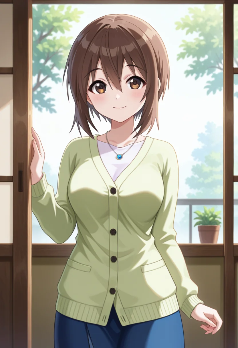masterpiece, best quality, amazing quality, 1girl, solo, cowboy shot, n-motherww, brown eyes, brown hair, short hair, bangs, hair between eyes, sidelocks, medium breasts, green cardigan, undershirt, long sleeves, blue skirt, long skirt, necklace, looking at viewer, smile, indoors, day, skindentation, detailed clothing folds, depth of field, sharp, high contrast, dynamic light <lora:Nagasumi_Mother_Seto_no_Hanayome_ill_v11:0.9>