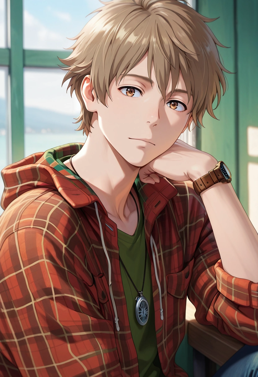 masterpiece, best quality, , (photorealistic:0.6), looking at viewer, 1boy, solo, male focus, <lora:shun_hashimoto_ilxl:0.92>, shun_hashimoto, brown hair, brown eyes, short hair, , Fair Isle Moss Green Moire Cropped chinos, Flannel hoodie, , , Watch andPendant