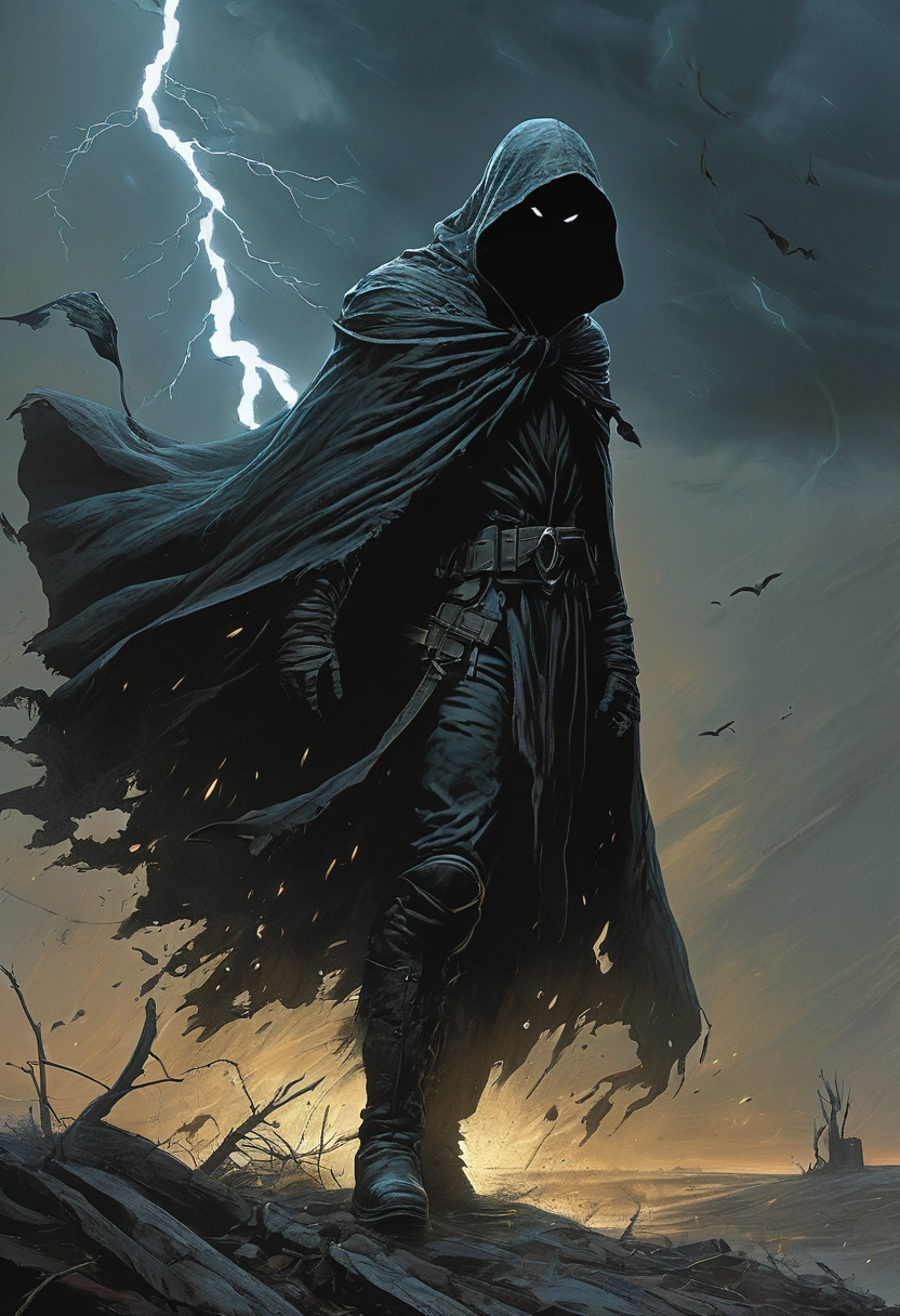 hidden face, mysterious, hooded, full body, dark enigmatic warrior, 
tornado,
 tattered cloak that billows in the wind, art by Wayne Barlowe, horror, eclipse, shadow, faceless, boots. eyeless