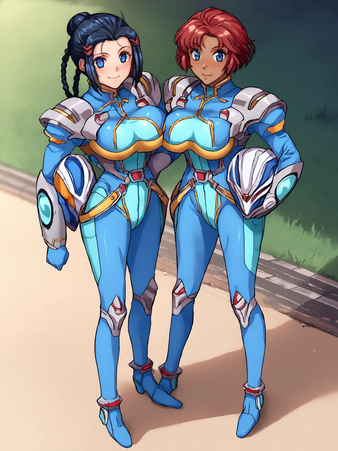 score_9, score_8_up, score_7_up, <lora:offset_0.2:0.1>, <lora:spo_sdxl_10ep_4k-data_lora_webui:1>, 2girls, srwbluepilotsuit, blue bodysuit, pauldrons, wrist guards, metal belt, grey armor, <lora:Pilot_suit__Super_Robot_Wars:1>, smile, blush, looking at viewer, outdoors, city, street, full body
srw_rio, large breasts, black hair, short hair, hair bun, sidelocks, blue eyes, twin braids, (helmet, unworn helmet, holding helmet:1.5), <lora:srw_rio:0.5>
srw_carla, dark-skinned female, large breasts, red hair, bangs, short hair, (helmet, unworn helmet, holding helmet:1.5), <lora:srw_carla:0.5>