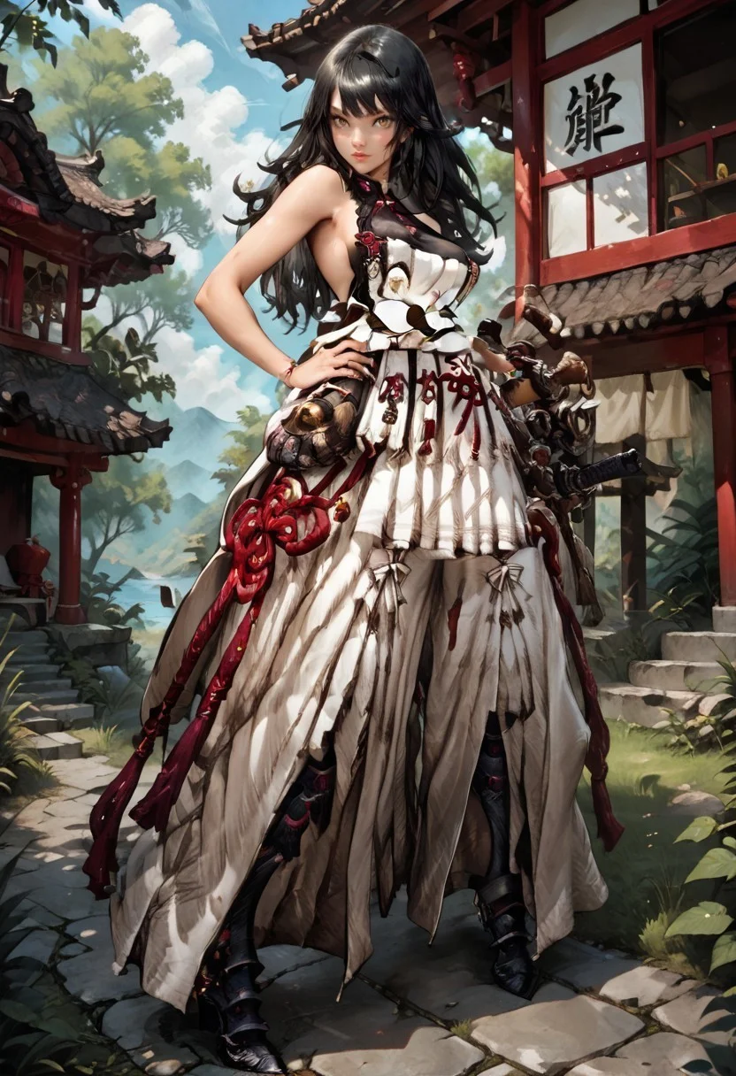 safe_pos, score_9, score_8_up, score_7_up,rayches,1girl, solo,brown eyes, black hair, long hair,breasts, bare shoulders, multiple sword sheath, sword sheath, sheathed sword, apron, big skirt, accessories, rope, ribbon, greaves, high heels, pouch, brown and white skirt, black open back knitted top , hand on hip, outside, japanese house