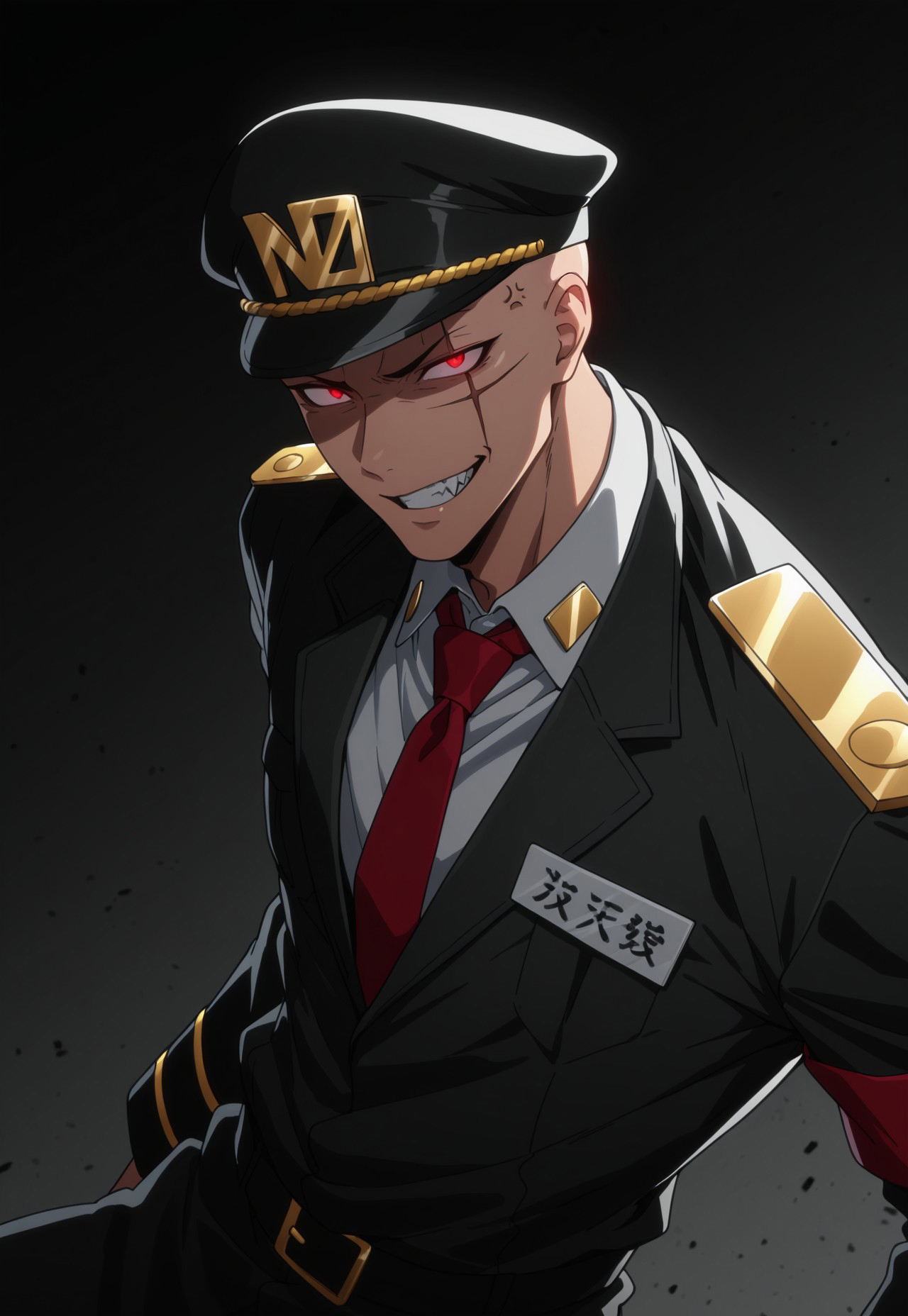 masterpiece, best quality, amazing quality, very aesthetic, absurdres, dynamic pose, dynamic angle, ultra-detailed, highly detailed, cinematic lighting, realistic shading, BREAK
NBHajime, 1boy, bald, red eyes, scar across eye, black peaked cap, name tag, black military jacket, white collared shirt, red necktie, layered clothes, glowing eyes, shaded face, dark, clenched teeth, fangs, evil smile, angry, anger vein, looking at viewer