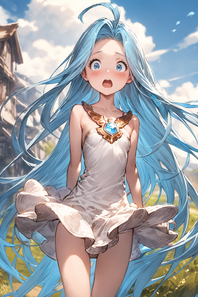 masterpiece, best quality, very aesthetic, absurdres,
1girl, solo, outdoors, heavy wind, wind lift, blown skirt, panty, surprised, blush,
lyria \(granblue fantasy\), very long hair, blue hair, ahoge, small breasts, skinny, 
<lora:lyria-XL:0.8>, <lora:ishikeiXL:0.2>, clear eyes,