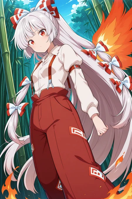 absurdres, highres, masterpiece, best quality, amazing quality, official anime artwork, screencap, anime screencap, outdoors, looking at viewer, 
 <lora:Fujiwara-no-Mokou_IllustriousV2:1> fujiwara no mokou, 1girl, solo, red eyes, white hair, very long hair, small breasts,, hair bow, white bow, white shirt,  long sleeves, suspenders, red pants, bamboo forest, fire, aura, fire wings,