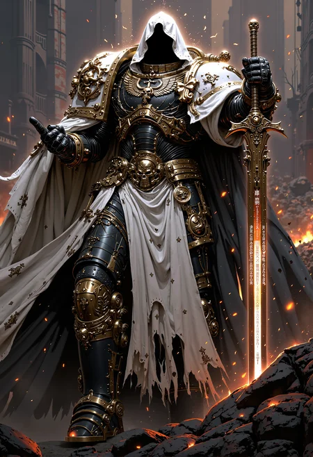 concept art . A towering, high-ranking BlackT40k hero stands amidst the devastation of battle, his face shadowed beneath a white hood adorned with intricate gold and black embellishments. A long, regal white cloak with matching gold-black detailing flows majestically behind him as he strides forward, the embodiment of warlike grace and power. In each hand, he wields a beautifully ornate katana, their polished blades catching the light with a razor-sharp gleam. The katanas' hilts are intricately carved, covered in ancient runes and sacred symbols, reflecting his unrivaled status and combat mastery. His face, shrouded in shadow beneath the hood, adds a mystique that enhances his commanding presence. The scene, captured in a hyper-realistic, photographic style, features heroic backlighting, casting him in a near-holy glow. The radiant light from the horizon illuminates the billowing cloak and his armor, with the faint embers of the battlefield framing the figure. Shot from a low angle, the composition glorifies his power and authority, while the contrast of light and shadow intensifies the awe-inspiring aura surrounding him.  aidmaHyperrealism, mythp0rt, aidmainkstyle,  <lora:FluxMythP0rtr4itStyle.safetensors:0.75>,  <lora:flux.1_lora_flyway_Epic-detail_v2.safetensors:0.5>,  <lora:FluxBlackT40k.safetensors:1.0>,  . digital artwork, illustrative, painterly, matte painting, highly detailed