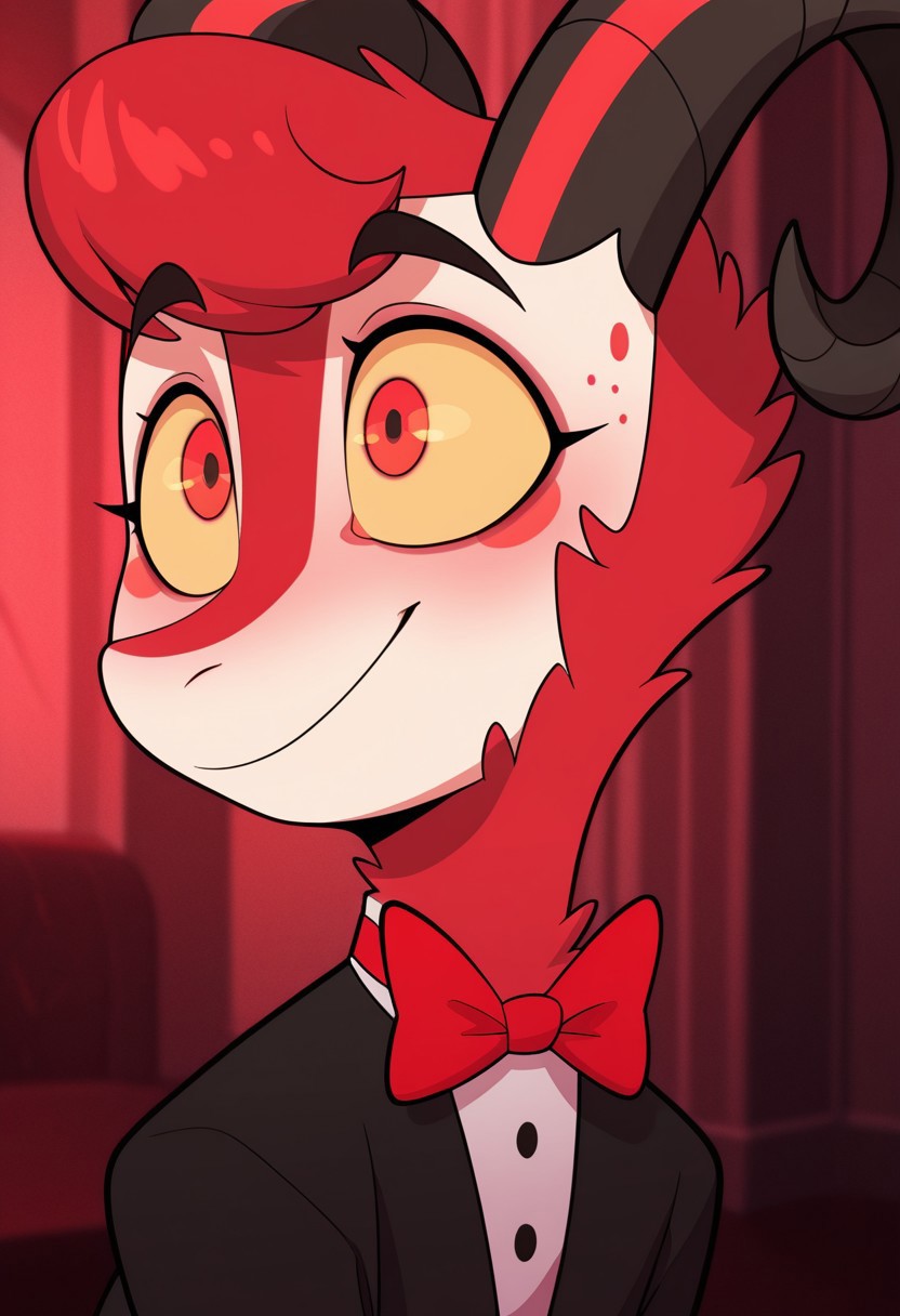 masterpiece, best quality, amazing quality, dazzle, solo, 1boy, Demon, goat horns, yellow sclera, red Eyes, Demon wings, red fur, tuxedo, red bowtie, bara, close-up, smile