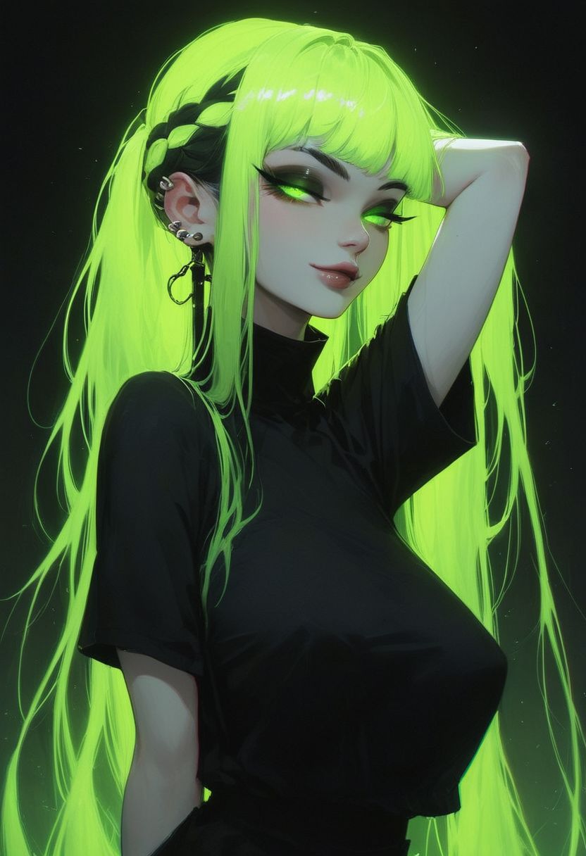 score_9, score_8_up, score_7_up, masterpiece, best quality, highly detailed, 1girl, pale skin, green eyes, thick black eyelashes, black eyeliner, dark eyeshadow, neon green hair, long hair, high pigtails, big breasts, oversized black t-shirt, ear piercings, looking at the viewer, bedroom eyes, seductive smile, g0thicPXL, glowing hair, glowing eyes, neon, arm behind head, arched back, dark background, cowboy shot, thick white character outline