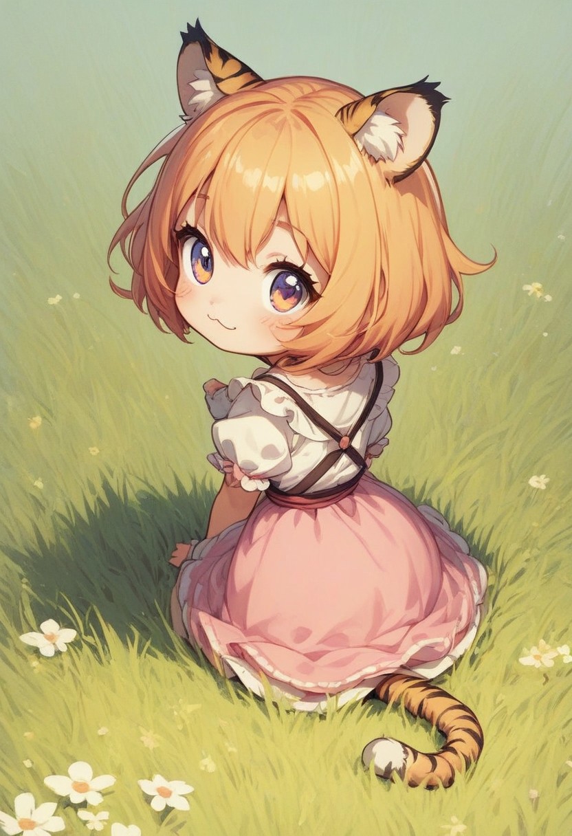 score_9, score_8_up, score_7_up, best quality, fine detail, cute, tiger girl, chibi, :<, surrounded by real tigers, Savannah, grass from behind,