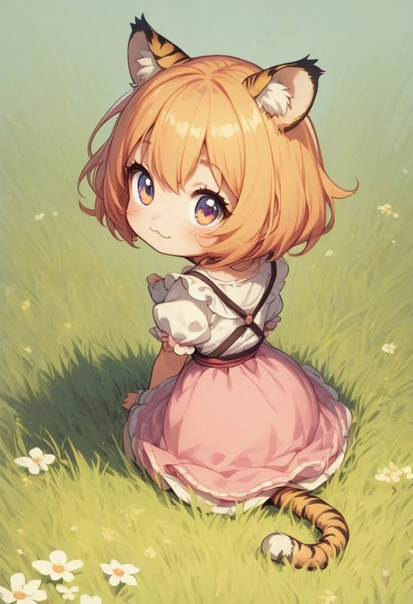 score_9, score_8_up, score_7_up, best quality, fine detail, cute, tiger girl, chibi, :<, surrounded by real tigers, Savannah, grass from behind,