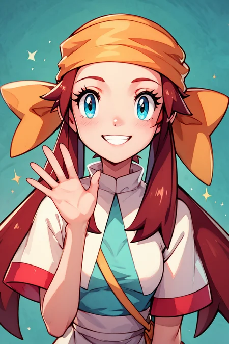 score_9, score_8_up, score_8, medium breasts, (curvy), cute, eyelashes, BREAK, , zzMelody, twintails, dress, bandana, white short sleeves, <lora:Melody_Pokemon_PDXL:1.0>, , BREAK, looking at viewer, smile, waving, upper body, leaning forward, head tilt, embedding:zPDXL, Expressiveh, <lora:CatalystStylePDXL:0.6>, <lora:SDXLFaeTastic2400:0.5>, <lora:Expressive_H-000001:0.4>,
