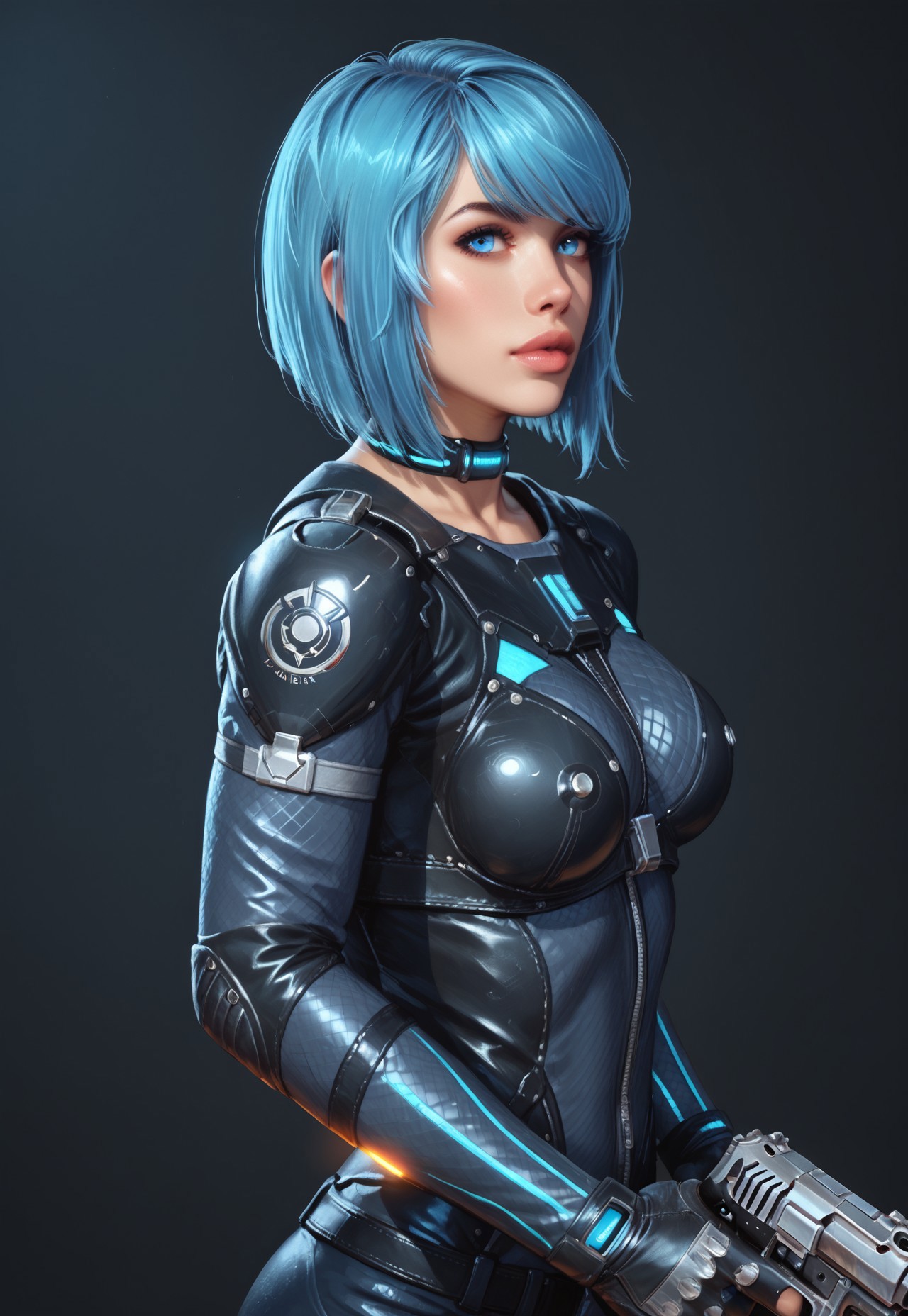 safe_pos, core_9, score_8_up, score_8, semi realistic, ultra detailed, 8k, high quality, hi res, high quality, detailed eyes, perfecteyes, detailed face, 1girl, (1girl:1.2), Nyx from Quake Champions, futuristic assassin outfit, (((pistol in hand))), pale skin, ((glowing bobcut blue hair, side bangs)), realistic, cinematic angle, cinematic lighting, athletic body, intense face, glowing blue eyes, stealthy pose
BREAK
infiltrating a high-tech corporate facility at night
BREAK
source_sci_fi_art, rating_explicit, expressive, half body, side view, dynamic pose
BREAK
detailed beautiful background, futuristic architecture, neon lights, advanced security systems, holographic displays, dark shadows, tense atmosphere
(((full clothed)))