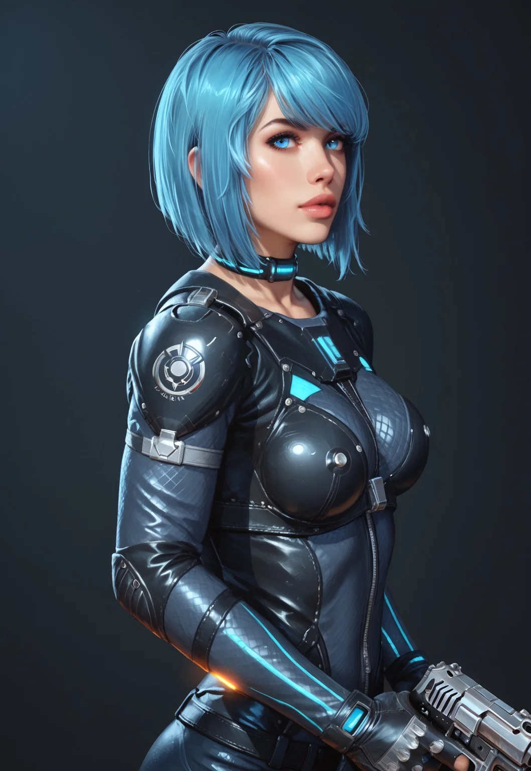 safe_pos, core_9, score_8_up, score_8, semi realistic, ultra detailed, 8k, high quality, hi res, high quality, detailed eyes, perfecteyes, detailed face, 1girl, (1girl:1.2), Nyx from Quake Champions, futuristic assassin outfit, (((pistol in hand))), pale skin, ((glowing bobcut blue hair, side bangs)), realistic, cinematic angle, cinematic lighting, athletic body, intense face, glowing blue eyes, stealthy pose
BREAK
infiltrating a high-tech corporate facility at night
BREAK
source_sci_fi_art, rating_explicit, expressive, half body, side view, dynamic pose
BREAK
detailed beautiful background, futuristic architecture, neon lights, advanced security systems, holographic displays, dark shadows, tense atmosphere
(((full clothed)))