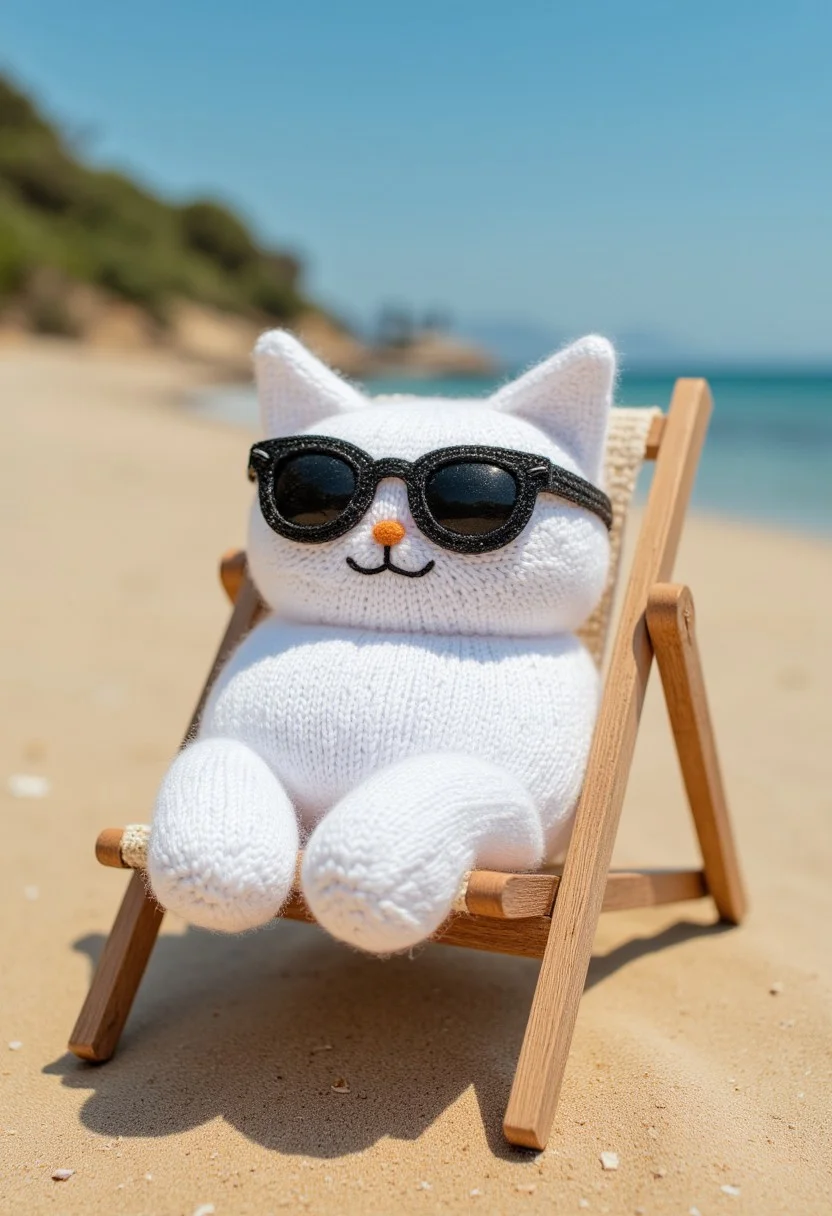 White cat with black sunglasses, in a beach chair,knitted style