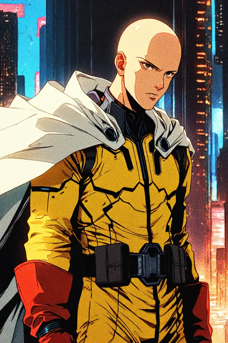 score_9, score_8_up, score_7_up, score_6_up, score_5_up, score_4_up,   <lora:Hoseki_OnePunchMan_Saitama_PDXL_v1:1> 0pm, 1boy, bald, brown eyes, yellow bodysuit, zipper, black belt, belt buckle, white cape, red gloves, <lora:retro_scifi_artstyle-000021:0.8>, 1boy, solo, alone, retro_artstyle, retro, cyberpunk,  masterpiece, highres, cyberpunk city background