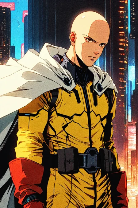 score_9, score_8_up, score_7_up, score_6_up, score_5_up, score_4_up, <lora:Hoseki_OnePunchMan_Saitama_PDXL_v1:1> 0pm, 1boy, bald, brown eyes, yellow bodysuit, zipper, black belt, belt buckle, white cape, red gloves, <lora:retro_scifi_artstyle-000021:0.8>, 1boy, solo, alone, retro_artstyle, retro, cyberpunk, masterpiece, highres, cyberpunk city background