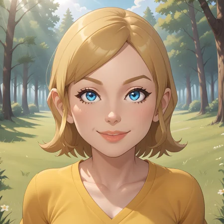 score_9, score_8, BREAK, wii, mii, wii sports, 1girl, female mii, cute, blonde hair, blue eyes, dark blonde eyebrows, lips, yellow clothing, white pants, shoes, breasts, nintendo mii, modern_mii, classic_mii, Sadie_(OC_Mii), sexy pose, self portrait, smile, outdoors, sunlight, shadows, evening lighting, natural lighting, forest, trees, grass, orange sky, sunset