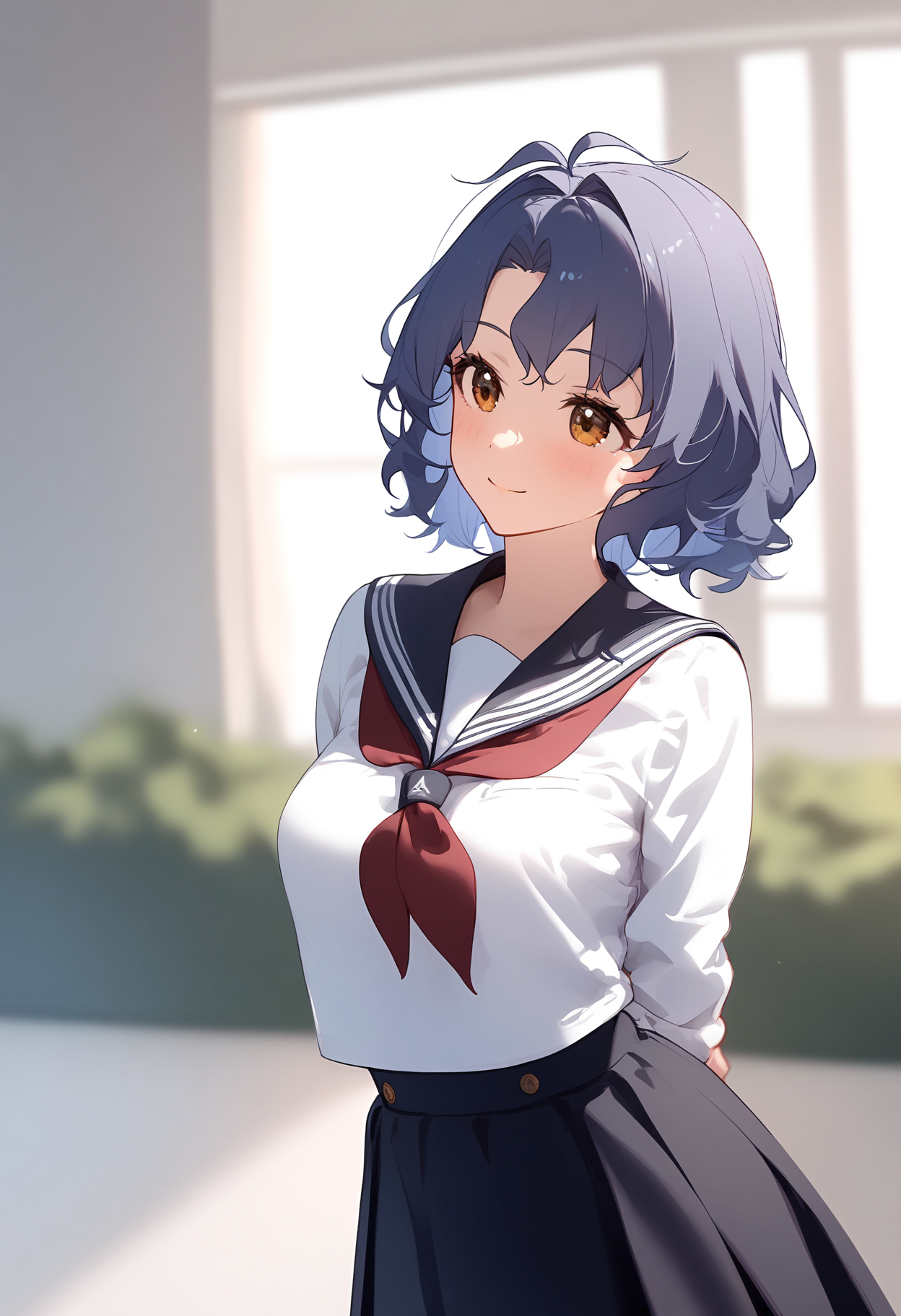 1girl,
toyokawa fuka,


blush, blue hair, high-waist skirt, breasts, indoors, window, sunlight, black skirt, school uniform, blurry background, wavy hair, arms behind back, sailor collar, skirt, dark blue hair, neckerchief, looking to the side, shirt, white shirt, red neckerchief, solo, blurry, alternate costume, long sleeves, short hair, yellow eyes, serafuku, hair intakes, medium breasts, smile, looking away, black sailor collar, depth of field,

sfw
<lora:a31_char_new_toyokawa_fuka:1> <lora:a31_style_koni-000010:0.8>