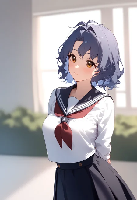 1girl,
toyokawa fuka,
blush, blue hair, high-waist skirt, breasts, indoors, window, sunlight, black skirt, school uniform, blurry background, wavy hair, arms behind back, sailor collar, skirt, dark blue hair, neckerchief, looking to the side, shirt, white shirt, red neckerchief, solo, blurry, alternate costume, long sleeves, short hair, yellow eyes, serafuku, hair intakes, medium breasts, smile, looking away, black sailor collar, depth of field,
sfw
<lora:a31_char_new_toyokawa_fuka:1> <lora:a31_style_koni-000010:0.8>
