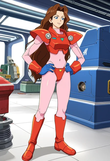 score_9,score_8_up,score_7_up,score_6_up,source_anime BREAK,anime_screencap,1girl,jodysf0, <lora:JodySummerF0Pony:0.9>,long hair,brown hair,blue eyes,red armor,pink bodysuit,gloves,shoulder pads,boots,standing,indoors,futuristic garage,hands on hips,happy,:d,full body,straight on,concrete,no windows,spaceship,science fiction