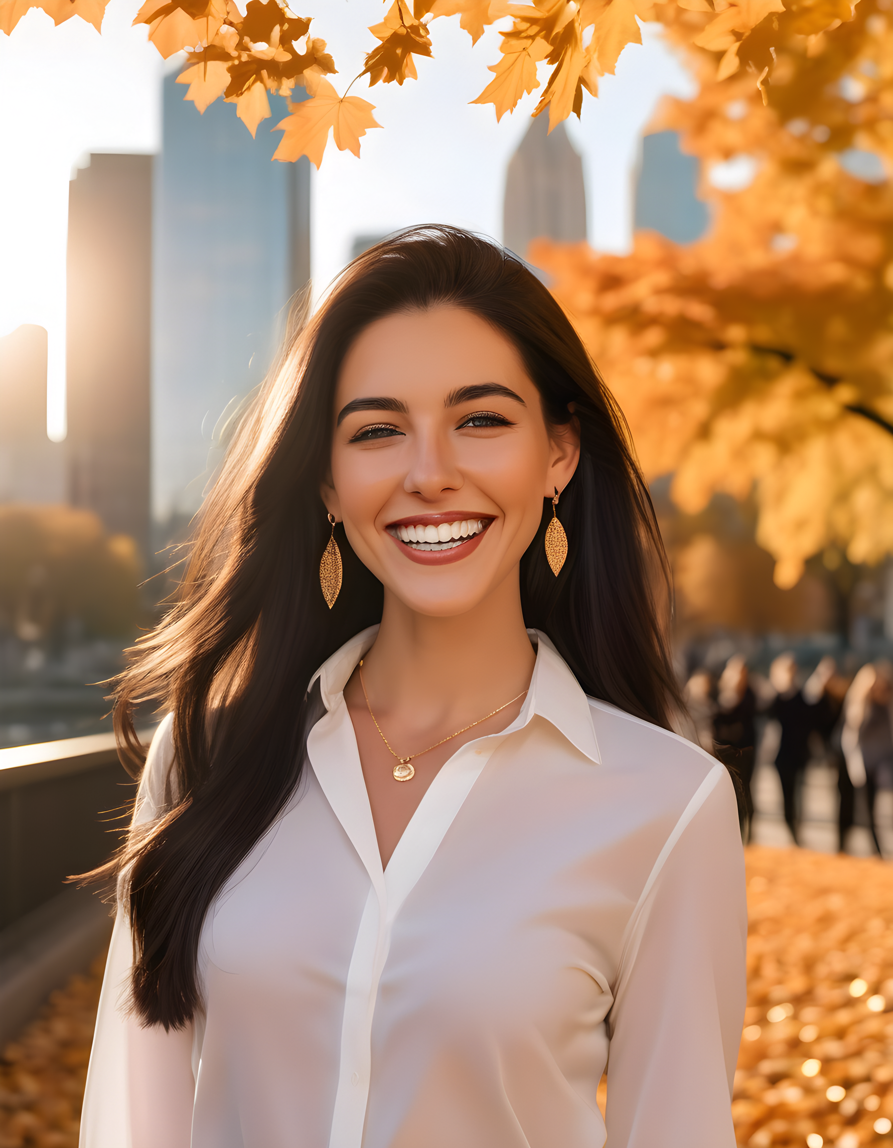 In a bustling city park under the golden glow of setting sun, a radiant woman named EMM4S poses confidently with a captivating smile that illuminates her pearly white teeth. Her long black hair cascades down her back, framing her face as she turns slightly to showcase her elegant necklace and earrings. Dressed in a crisp collared shirt, she exudes an air of sophistication while standing amidst a sea of vibrant autumn leaves, the camera capturing her from a low angle that emphasizes her striking presence against the backdrop of the city skyline.