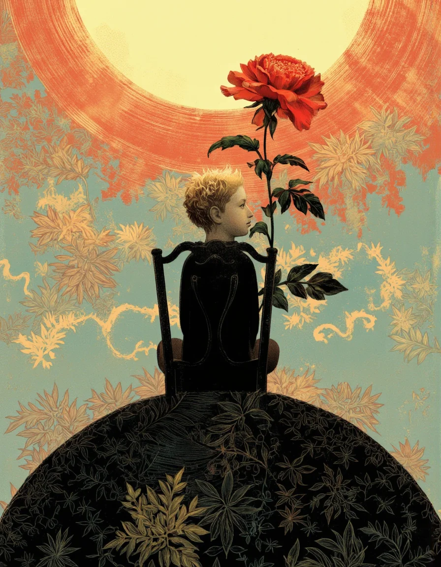By Anna & Elena Balbusso. A digital illustration shoot from a profile angle about a silhouette of a boy sitting on top of a large, ornate sphere with a flower, surrounded by a vibrant, starry background with a bright, glowing sun in the background. the image also shows a dreamy, ethereal atmosphere. on the middle of the image, a boy with short, spiky blonde hair, sitting on a chair, facing away from the viewer, with his full body visible. he appears to be in his early twenties, with a calm, serene expression on his face. the boy is wearing a black, long-sleeved shirt, and his hair is styled in a way that frames his face, giving him a sense of innocence and wonder. the chair he is sitting on is black, and the flower in front of him is red, adding a touch of color to the otherwise monochromatic image. the background is filled with a mix of warm colors, including orange, yellow, and blue, which contrasts beautifully with the boy and flower. the overall effect is a whimsical and dreamy scene that captures the boy's contemplative state and the beauty of nature.