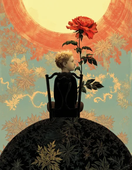 By Anna & Elena Balbusso. A digital illustration shoot from a profile angle about a silhouette of a boy sitting on top of a large, ornate sphere with a flower, surrounded by a vibrant, starry background with a bright, glowing sun in the background. the image also shows a dreamy, ethereal atmosphere. on the middle of the image, a boy with short, spiky blonde hair, sitting on a chair, facing away from the viewer, with his full body visible. he appears to be in his early twenties, with a calm, serene expression on his face. the boy is wearing a black, long-sleeved shirt, and his hair is styled in a way that frames his face, giving him a sense of innocence and wonder. the chair he is sitting on is black, and the flower in front of him is red, adding a touch of color to the otherwise monochromatic image. the background is filled with a mix of warm colors, including orange, yellow, and blue, which contrasts beautifully with the boy and flower. the overall effect is a whimsical and dreamy scene that captures the boy's contemplative state and the beauty of nature.