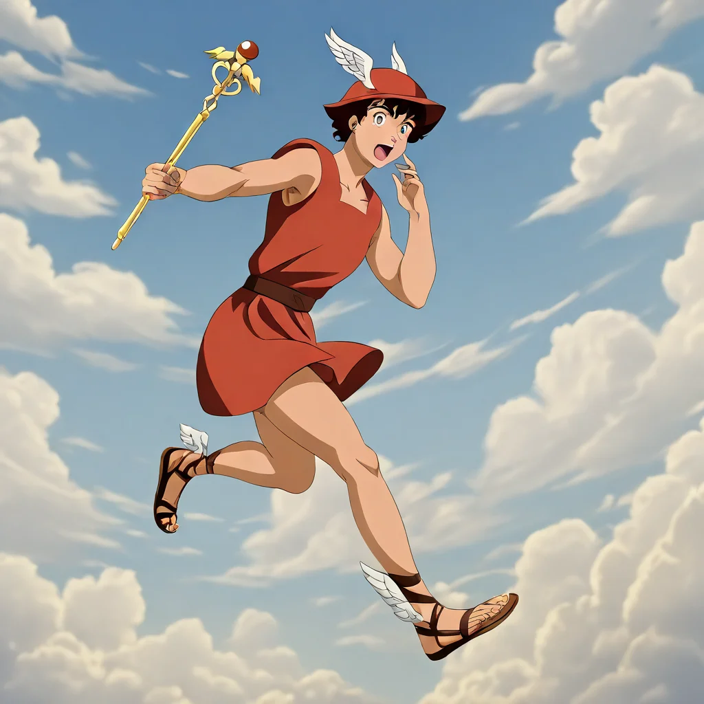 h_mercury,talaria,holding, staff, sandals, runnning, background stunning sky with clouds<lora:Mercury:0.8>  <lora:Mezzotint_Artstyle_for_Flux_-_by_Ethanar:0.5> <lora:perfection style v2d:0.7> <lora:CPA:0.7>anime style