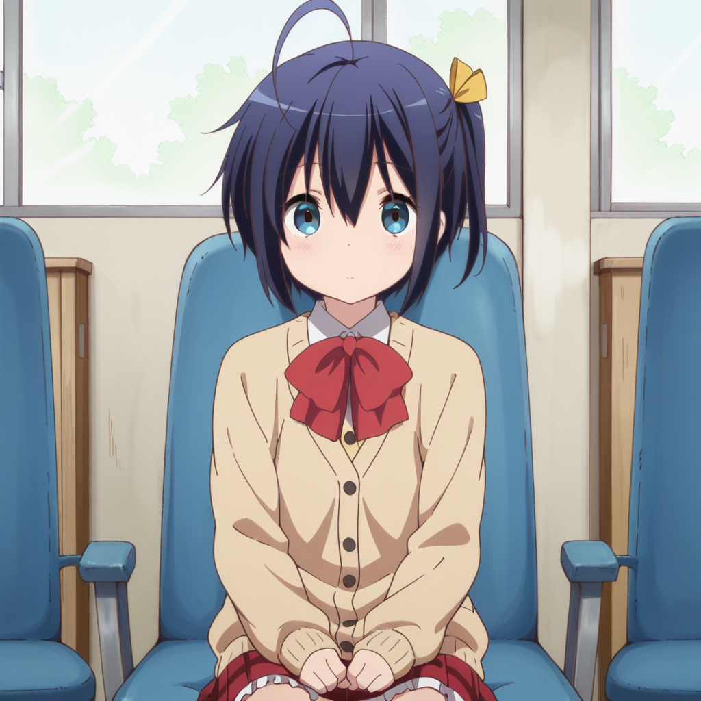 masterpiece, best quality, amazing quality, 1girl, solo, one side up, school uniform, blue eyes, ahoge, short hair, sitting, black hair, ribbon, blue hair, parody, chair, looking at viewer, cardigan, no eyepatch, <lora:Takanashi_Rikka:0.7>