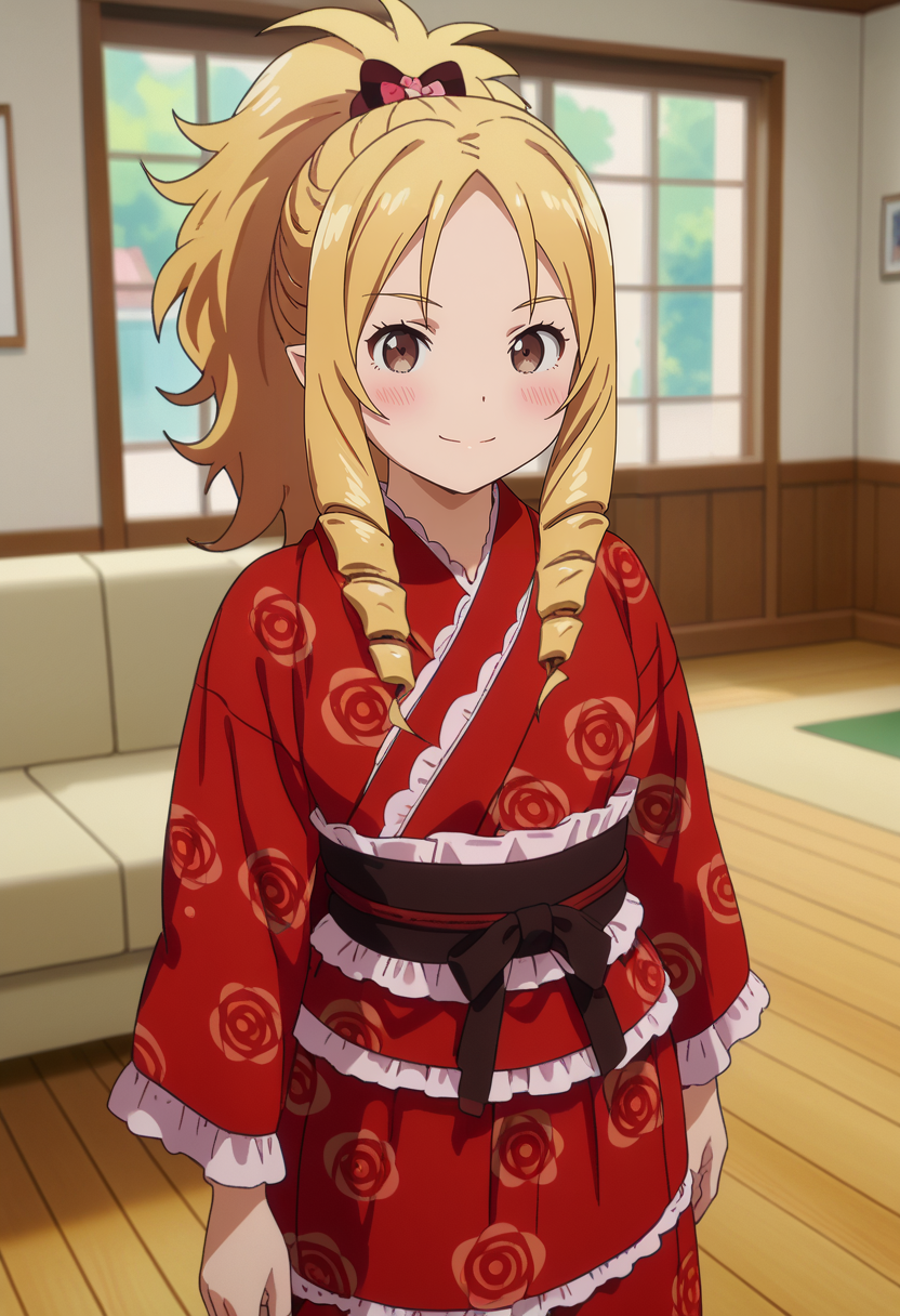 score_7_up, anime screencap,
<lora:EromangaSensei_YamadaElfXL:0.9>,
1girl, solo, closed mouth, light smile, blush,
drill hair, blonde hair, parted bangs, ponytail, brown eyes, pointy ears, hair bow,
ElfKimono, frilled kimono, print kimono, short kimono, red kimono, long sleeves, brown sash,
standing, looking at viewer,
blurry background, indoors, couch, wooden floor