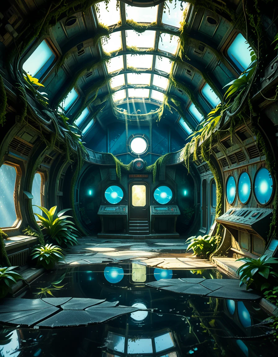 The interior of an ancient abandoned spaceship, overtaken by lush vegetation. The walls and ceiling are covered in thick, twisting vines and moss. Strange alien plants glow faintly in shades of blue and green, casting an eerie, mystical light across the metallic surfaces. Rusted control panels and shattered glass windows hint at a long-forgotten past. The floor is cracked and partially flooded with still, reflective water. Patches of bioluminescent fungi cling to the corners, adding a surreal atmosphere. The air feels heavy with moisture, and beams of soft, diffused light filter through holes in the hull, creating dramatic shafts of light and shadow. The overall style is hyper-realistic, rich in textures, with a cinematic and slightly melancholic mood.<lora:SDXLFaeTastic2400:0.4> <lora:extremely_detailed:0.4> extremely detailed,<lora:ancient_abandoned_sp4c3sh1p:1>,ancient abandoned sp4c3sh1p, Masterpiece,best quality,hi res,8k,hi res,8k,award winning,(sharp focus, intricate, highly detailed),