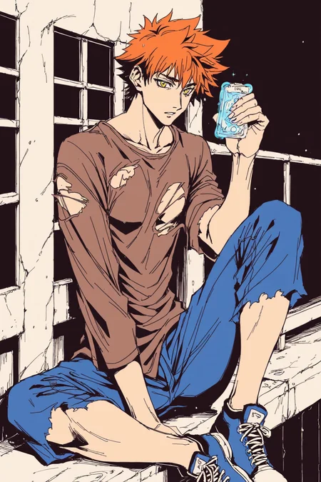 score_9, score_8_up, score_7_up, emiya shirou, blue pants, magic circuit, orange hair, pants, shirt, spiked hair, torn clothes, torn pants, torn shirt, torn sleeves, yellow eyes, solo, solo focus, portrait, black background, dark , Sitting on a window sill, legs stretched out, gazing outside. BREAK p65fn <lora:ruffct:0.8>