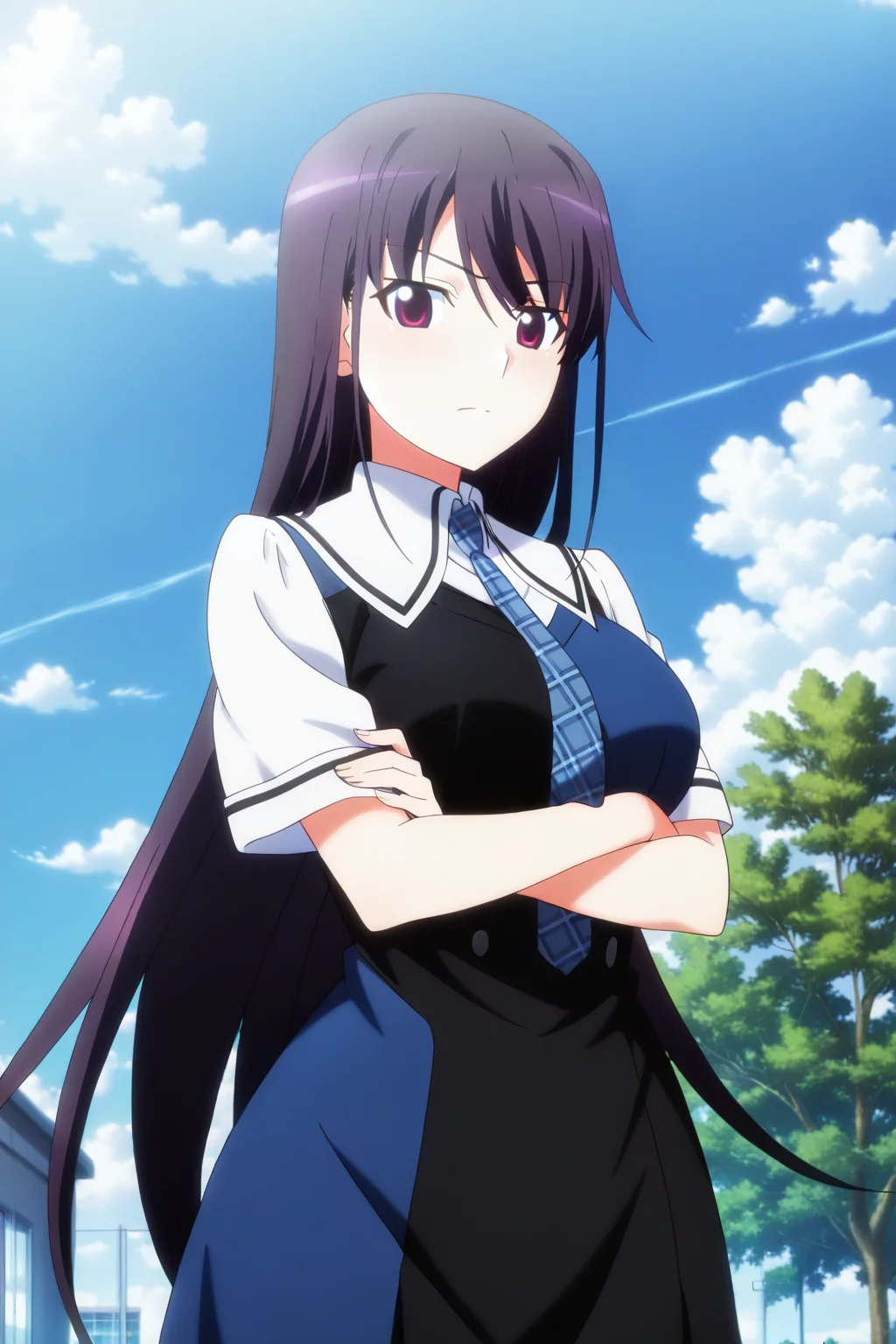 anime screenshot, anime coloring, sakaki yumiko, 1girl, solo, black hair, long hair, purple eyes, large breasts, school uniform, pinafore dress, black dress, blue dress, two-tone dress, short sleeves, white shirt, blue necktie, plaid necktie, looking at viewer, closed mouth, crossed arms, cowboy shot, outdoors, day, blue sky, masterpiece, best quality, high quality, highres, absurdres, <lora:sakaki_yumiko_ILXL:0.9>