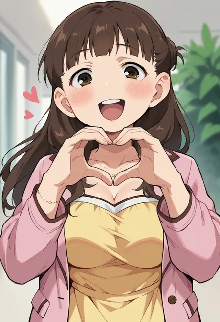 score_9, score_8_up, score_8, source_anime, 1girl, <lora:MarinaSugisaki:0.85> , solo, brown eyes, brown hair, long hair, yellow dress, jewelry, pink jacket, breasts, blush, upper body, laugh, heart hands,
bedroom background, blurry background,