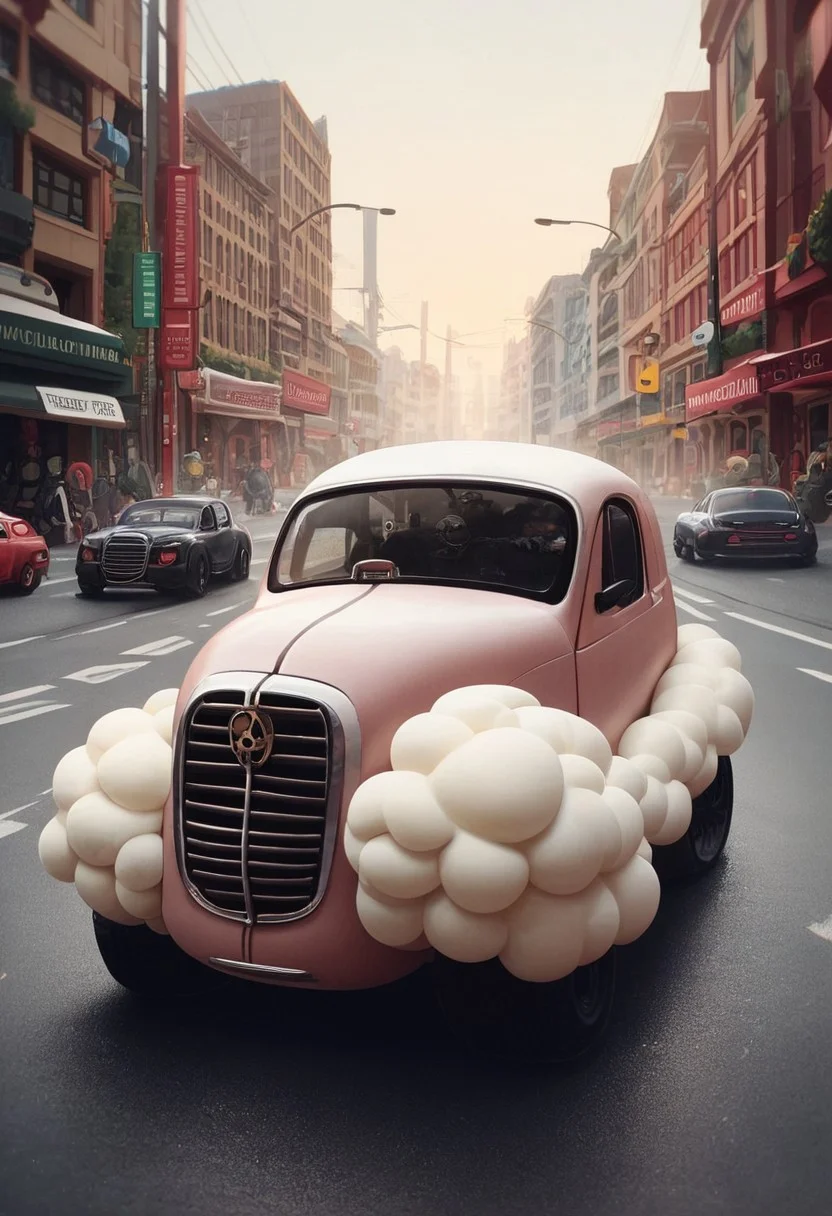 zPDXL3, latex sheep, sheep, hooligan, villain, looking at viewer, wrap around sunglasses, driving an old and battered car in a city, leaning out the window.