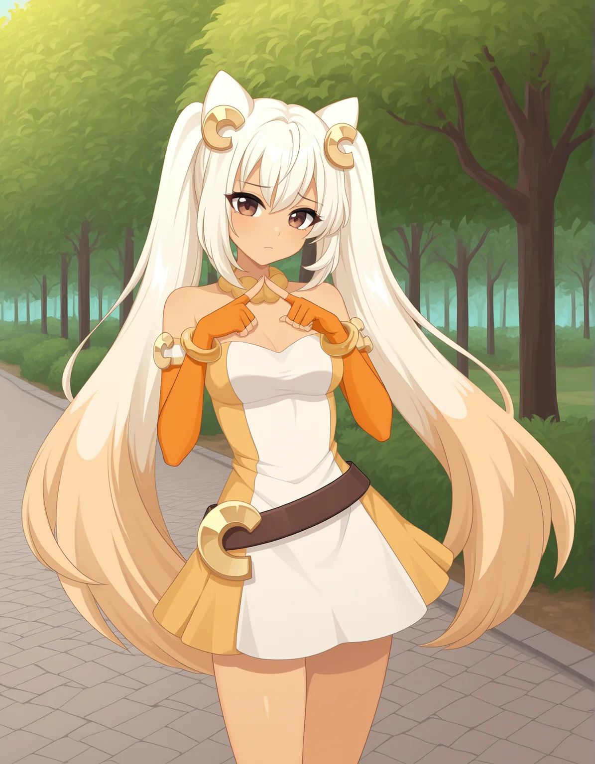 masterpiece,best quality, absurdres, highres, <lora:Cassie illu:0.9> cassieillu, elbow gloves, necklace, strapless dress, belt, bracelet, standing, looking at viewer, park, index fingers together,