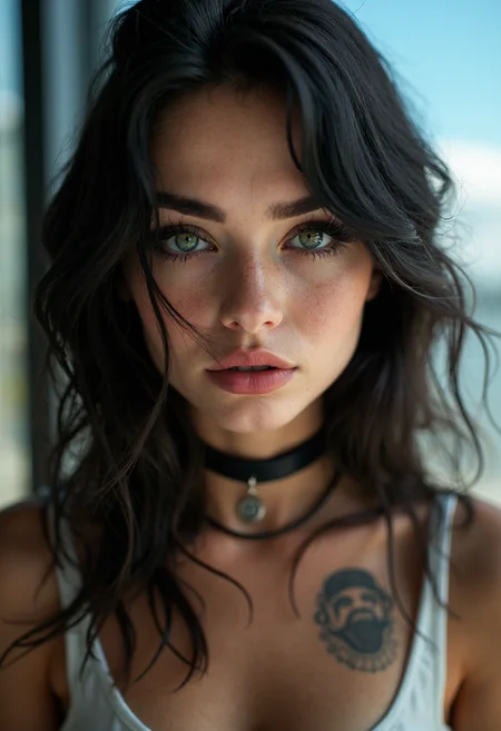 a professional closeup photo portait of a young woman with striking features, she has fair skin, her large, expressive green eyes are framed by thick, dark eyelashes, and her lips are full and naturally pink, she wears a black choker around her neck and a white tank top that reveals a tattoo on her upper arm, her hair is long, wavy, and black, with a few strands framing her face, she has a dark makeup, the blurred background shows a window and a blue sky with a few white clouds, the photo focus the attention on the subject, the lighting is soft and natural, enhancing the texture and depth of her skin and hair, the overall style is highly detailed and lifelike, capturing fine details such as the texture of her hair and the subtle shading that adds depth and realism to the image