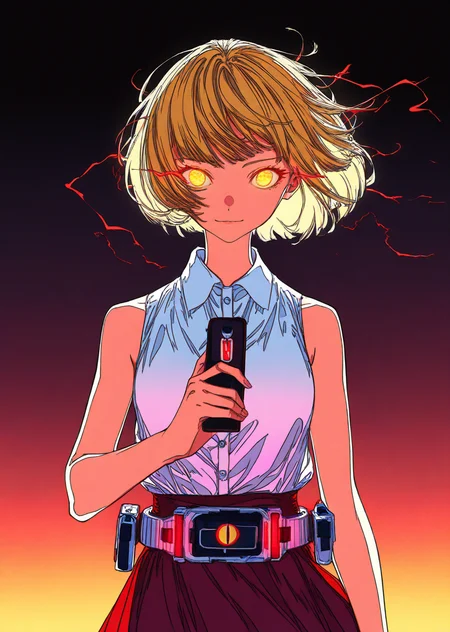 newest, highly contrast, colorful, stylish, extreme aesthetic, 1girl, solo, straight-on, holding faiz phone, faiz belt, upper body, momoshiro chiyoko, detailed eyes, wind, aura, glowing eyes, light smile, sleeveless white shirt, skirt, wing collar, upper body, hand up, arm at side, red energy, lightning, black background, gradient background, (artist:cogecha:1.2), artist:rella, artist:dino \\(dinoartforame\\), <lora:faiz-ilu01:0.8>, <lora:Act-Age-ilxl01-000039:0.55>