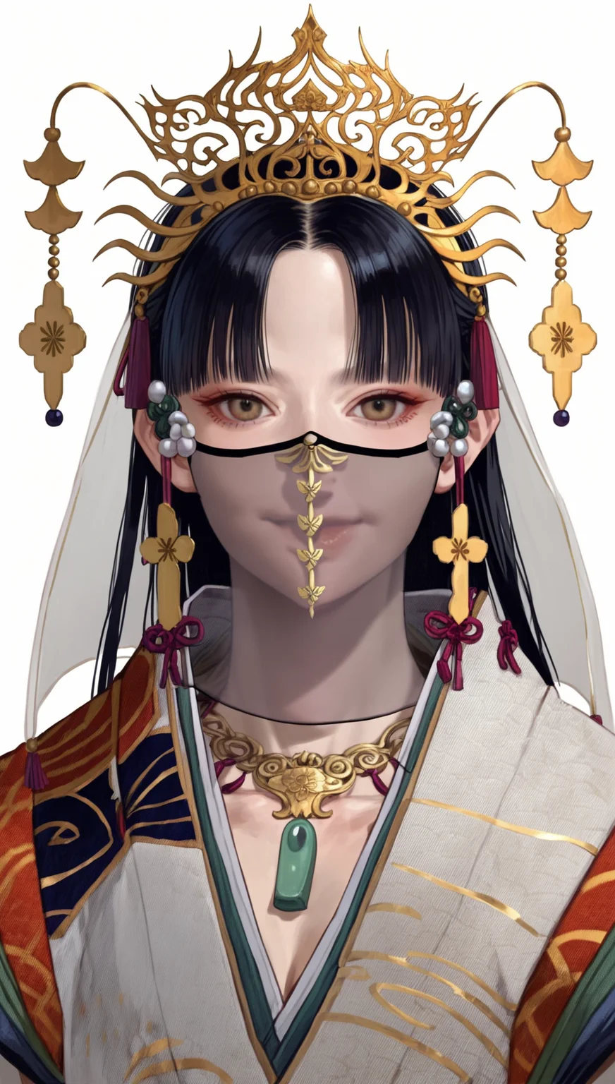 score_9,score_8_up,score_7_up,
<lora:Yoshiro:0.9>,
yoshirogoddess,
realistic,
1girl,solo,
black hair,long hair,hime cut,
yellow eyes,hikimayu,looking at viewer,smile,
ornate gold headdress,veil,jade,intricate traditional robe,sheer cape,red ribbon,detailed and traditional design,
portrait,
white background,