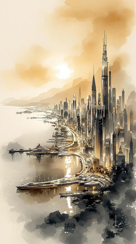 A sweeping coastal cityscape unfurls across delicate rice paper, painted with expressive ink splashes and translucent watercolor washes. The skyline bristles with ultramodern skyscrapers—sleek, asymmetrical, and luminescent, and superyachts line the harbour—rendered in layered tones of rich sepia, burnt henna, and jet ink. clear, gradient sky, diffused into the paper’s fibers. This piece blends classic East Asian ink painting aesthetics with futuristic precision—think Hokusai meets Syd Mead. Lighting is soft but radiant, as if internal energy pulses through the city’s veins. Emphasize broad brushwork, chaotic ink bursts, and delicate tonal transitions