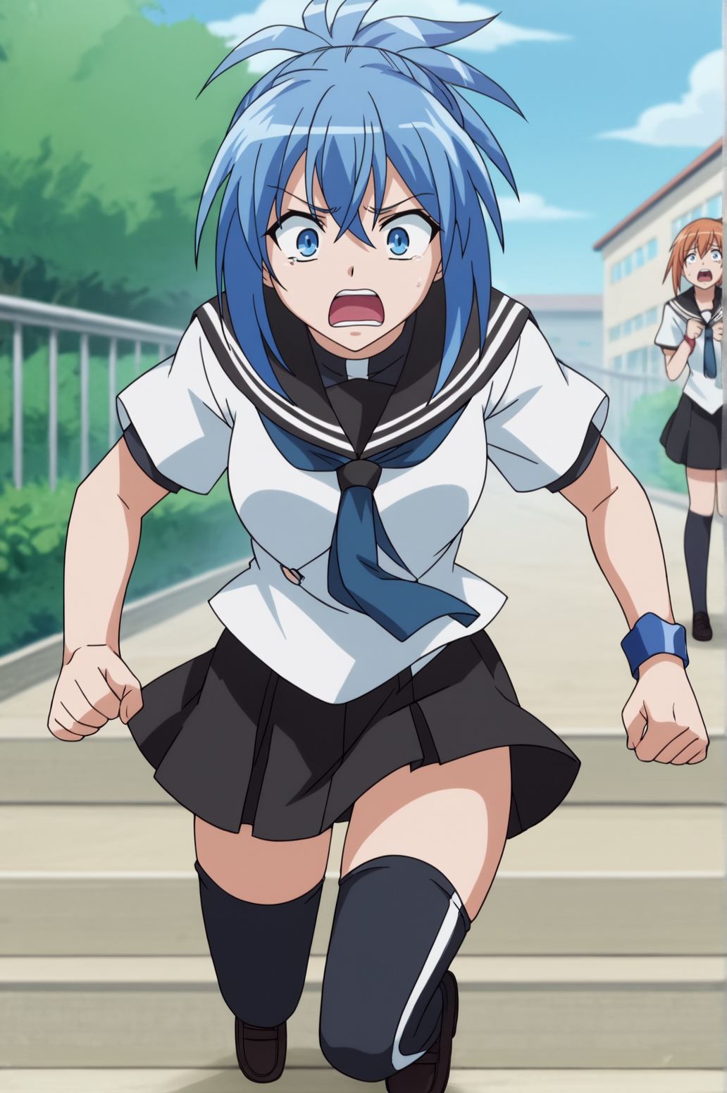 score_9, score_8_up, score_7_up,anime_source, source_anime, best background, detailed background, anime screencap,  Natsuru, blue neckerchief, school uniform, serafuku, thighhighs, surprised, running, scared, dynamic camera, seductive body, outdoors,  <lora:JN_Natsuru_Seno:0.8>