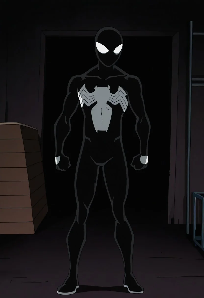 anime screencap, anime coloring, masterpiece, best quality, amazing quality, absurdres, wide shot, full body shot, male focus, 1boy, solo, black bodysuit, mask, superhero, muscular, white eyes,
indoors, industrial, gym_storeroom, dark_theme,fca style