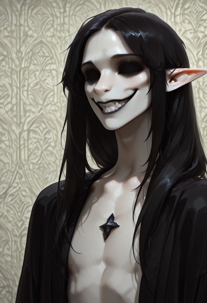 1 person, (lapanya, snout nose), solo, androgynous, pointy ears, sleek hair, straight hair, long hair, black hair, straight hair, parted hair, hair over shoulders, ((missing eyes)):1.5, (very pale skin, white skin), ((thin lips, black lips)), black cloak, tattered cloak, open cloak, bare chest, black gem embedded in chest,
(Grinning, wide grin, very sharp teeth, detailed teeth), looking at viewer,
Medieval style, Smooth colors, detailed face, smooth skin, smooth face, organic cavern background, clean lines, high quality, best quality, masterpiece, rating: safe, source: semi-realistic,